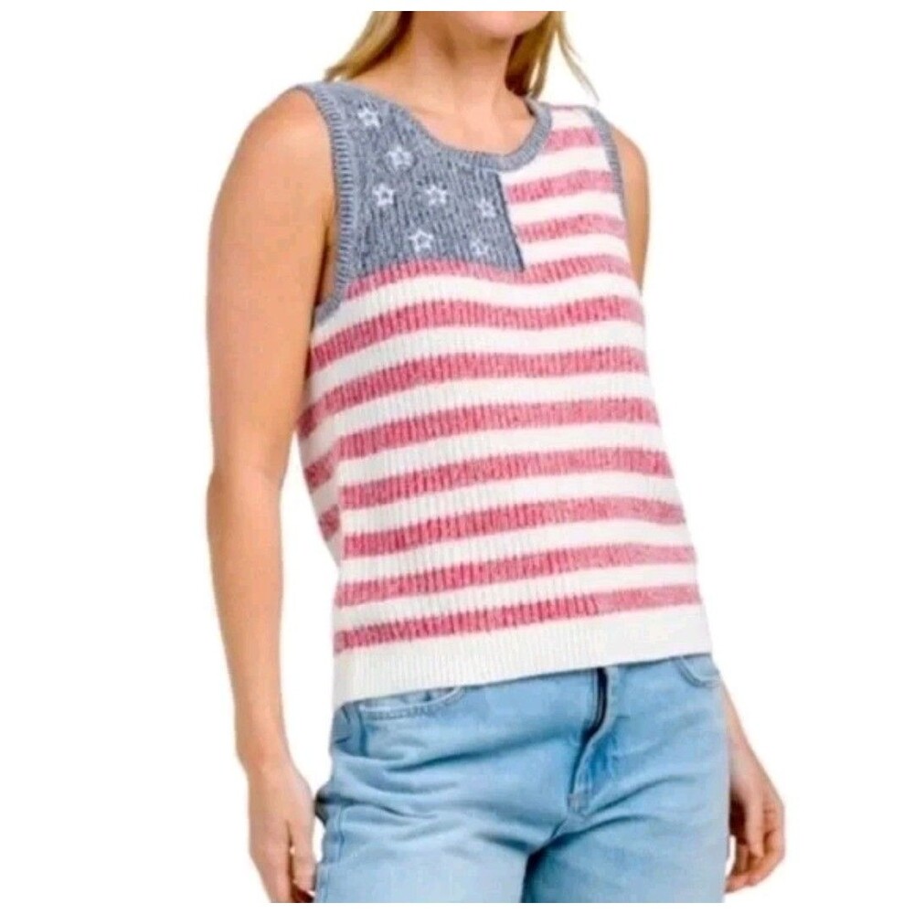 Lucky Brand Women’s Knit Sleeveless USA Flag Red White And Blue Patriotic Size L